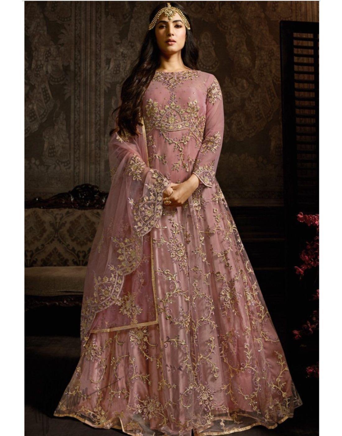 Onion Pink Net Embroidered Anarkali ...